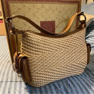 Brighton Straw Purse with Croc Embossed Leather Shoulder Strap and Trim. NWT